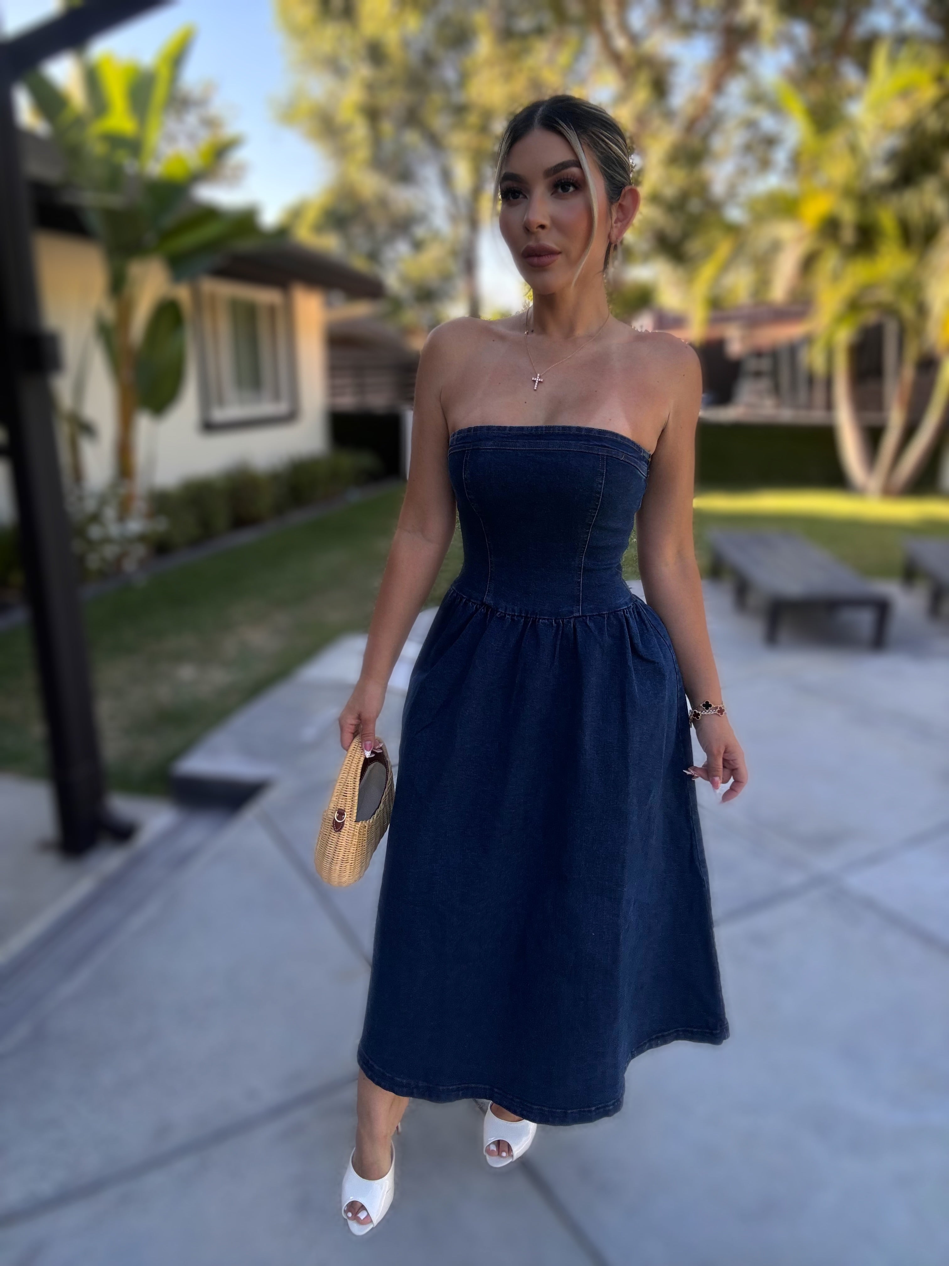 ezra blue dress Blue Pinstriped Ezra Midi Dress